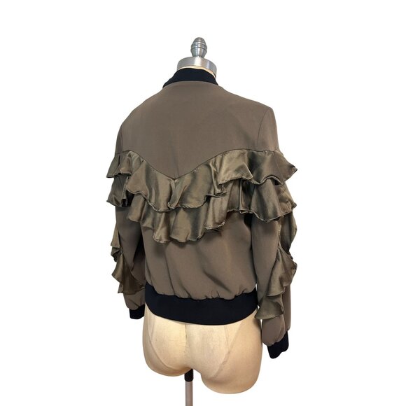 Cinq A Sept Leia Satin-Ruffle Bomber Jacket, Olive size XS - Picture 6 of 7